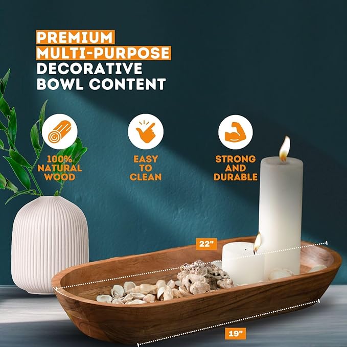 Luxe Designs Wooden Dough Bowl - Natural Acacia Wood - Handmade Decorative Bowls for Home Decor, Bathroom, Kitchen Counter, & More - Rustic Large Wood Dough Bowl for Decor, Cosmetics, and Keys