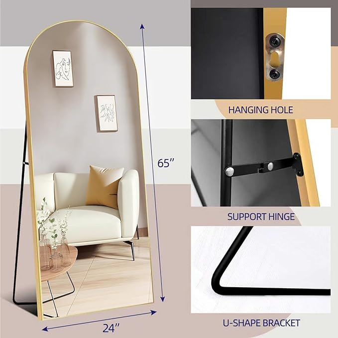 65"x24"Arched Full Length Mirror with Stand,Gold Full Body Mirrorr,Shatterproof Tempered Glass&Aluminum Alloy Frame,Freestanding Large Mirror for Bedroom,Living Room,Dressing Room
