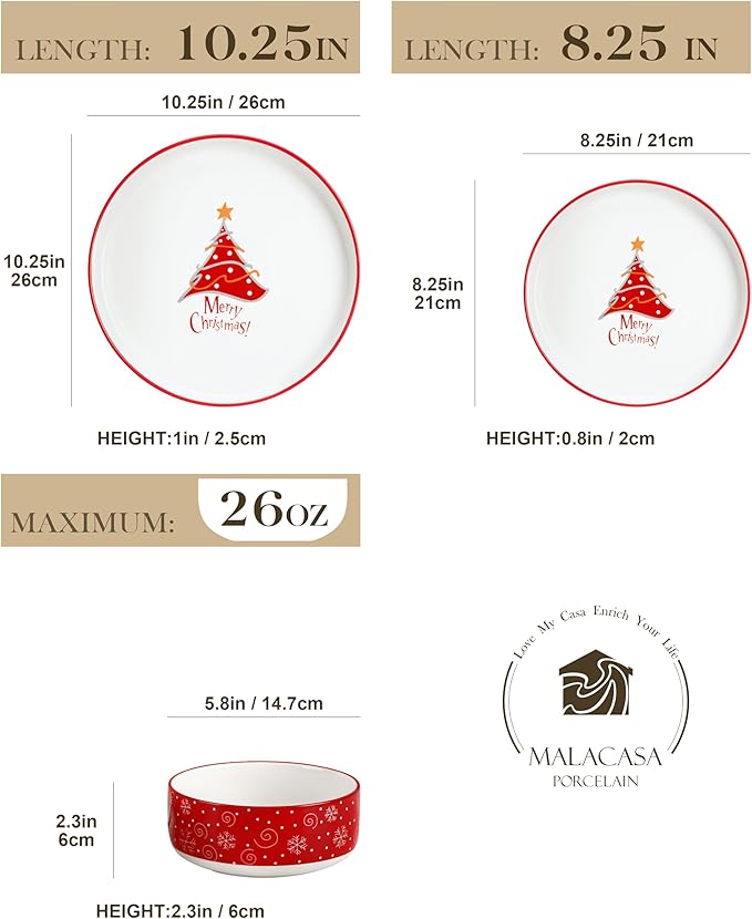 MALACASA Plates and Bowls Sets, 18 Pieces Christmas Porcelain Dinnerware Set for 6, Ceramic Dishware Dishes Kitchen Dining Ware Set, Microwave and Dishwasher Safe, Series LUNA-Christmas Tree