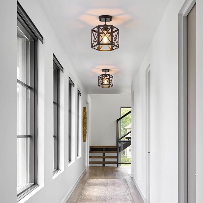 2 Pack Farmhouse Pendant Lights, Modern Black Hanging Light Fixture with Hexagonal Cage, Industrial Metal Ceiling Lights, Adjustable Lantern Pendant Lighting for Kitchen Island Sink Hallway