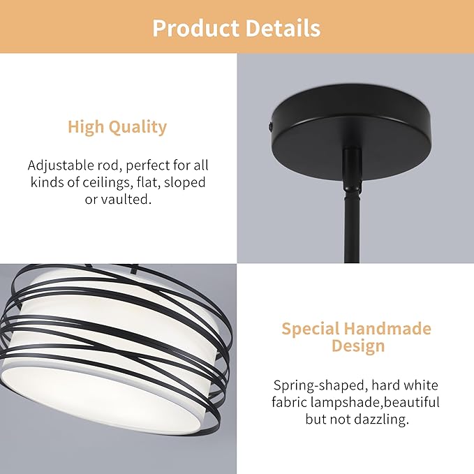 16" Black Drum Pendant Lighting Kitchen Island 3-Light Modern Farmhouse Chandelier with White Fabric Shade Rustic Hanging Light Fixtures for Dining Room Hallway Bedroom Foyer