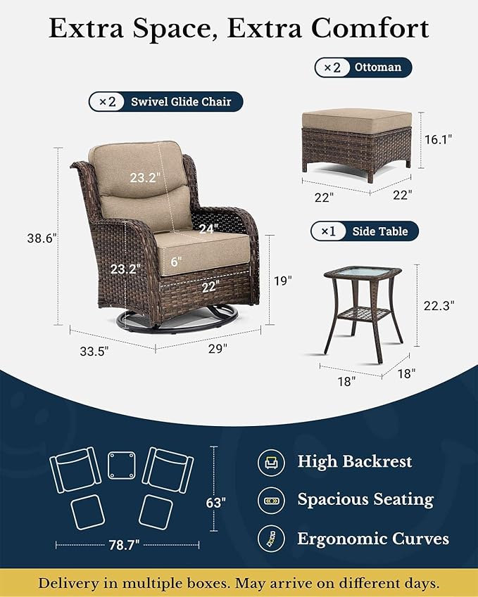 HILLGA Luxury Patio Furniture Set with 6-Inch Thick Cushions, High Back Outdoor Swivel Rocker Chairs and Ottoman, 5-Piece All Weather Conversation Set for Porch Deck Balcony Yard, Beige (V3)