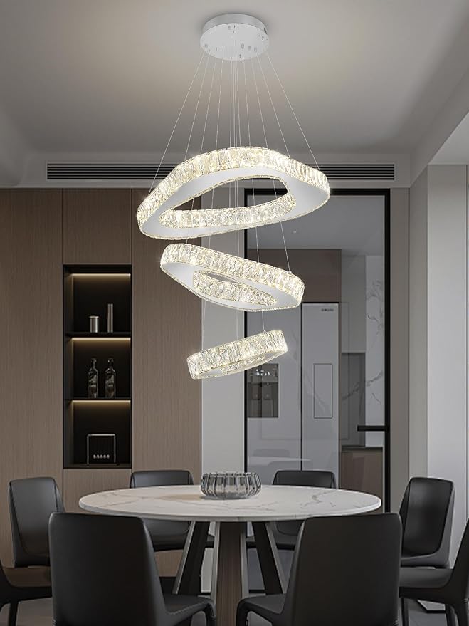 Modern Led Chandelier Adjustable 3 Rings Crystal Chandelier for Living Room Foyer Stairwell Lighting High Ceiling Light Dimmable 2700K-6000K