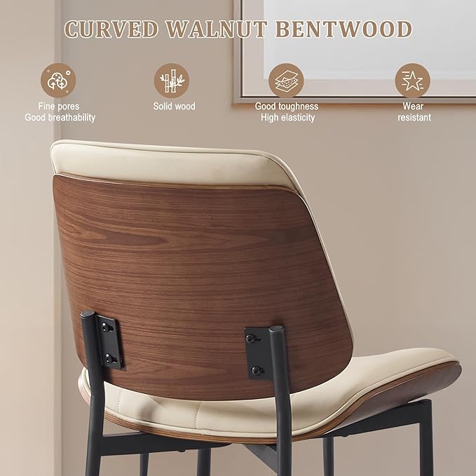 BV Mid Century Modern Dining Chairs Set of 4, Upholstered Pu Leather Armless Accent Chair with Walnut Bentwood Back, Retro Kitchen Chair for Dining Room, Living Room, Kitchen, Beige