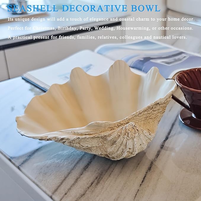Resin Seashell Decorative Bowl for Home Decor, Large Clam Shell Bowl for Coffee Table Centerpiece Kitchen Counter, Sea Shell Key Bowl for Entryway Table (Beige)