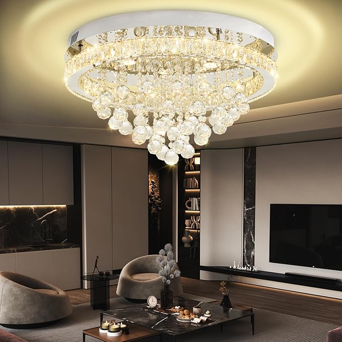 24" Modern Crystal Chandeliers for Dining Room Chrome Ceiling Chandelier Flush Mount Crystal Ceiling Light for Bedroom Living Room Hallway