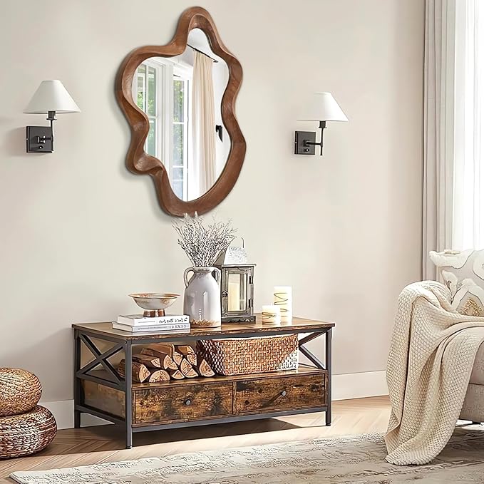 Asymmetrical Mirror Wood Frame Irregular Wall Mirrors Unique Shape Wall Mirrors Modern Artistic Cloud Mirror Decorative for Living Room Bedroom Cloakroom Bathroom Entryway Hallway 22"x15"