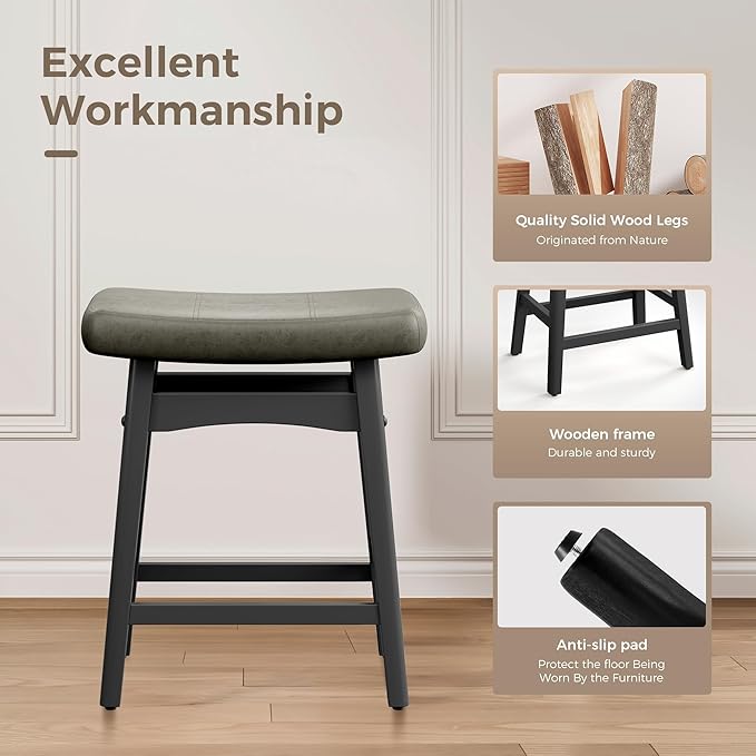 MAISON ARTS Grey Counter Height Bar Stools Set of 2 for Kitchen Counter Solid Wood Legs with Faux Leather Saddle Seat Farmhouse Barstools for 34"-38" Counter Island Upholstered Stools, 24in Height