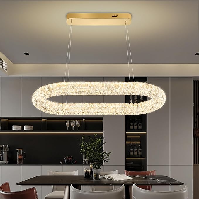 Oval Crystal Chandelier, 31.5'' Gold Crystal Ring Pendant Light for Kitchen Island Modern Linear Oval Chandeliers for Dining Room Dimmable 3000K-6000K
