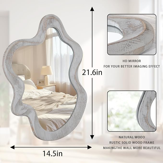 Irregular Wooden Framed Wall Mirror Modern Asymmetrical Unique Hanging Mirror Artistic Unique Cloud Wavy Shape Wall Decor Bathroom Vanity Bedroom Living Room Entryway Hallway Large