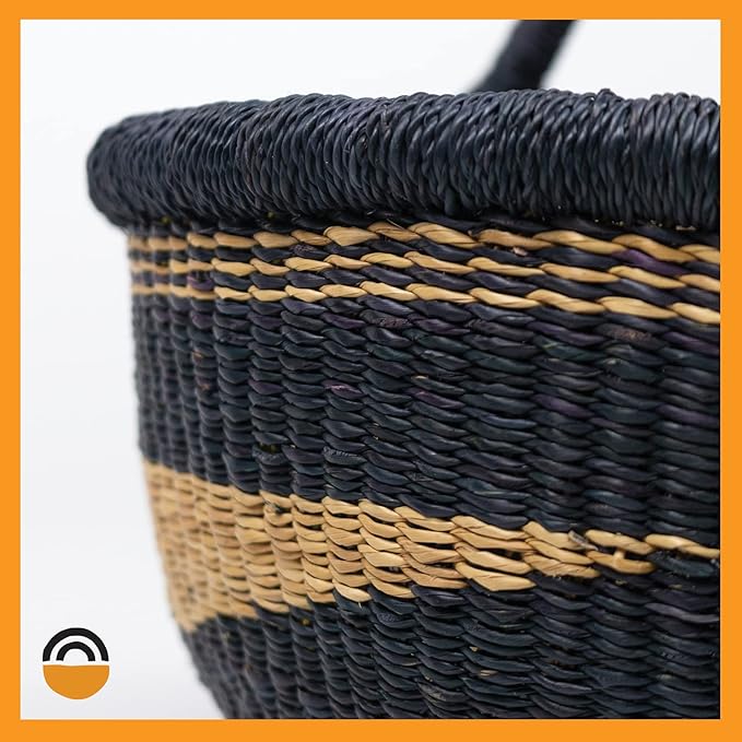 Market Basket, Handmade in Ghana by Women Artisans, Natural + Midnight Color, MEDIUM, 13"-15" Diameter x 8"-9" H, RED HANDLE (1 basket)