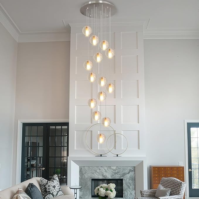 14 Lights Nickel Staircase Chandelier for High Ceiling, Dimmable Modern Crystal Raindrop Large Long Hanging Pendant Light for Stairwell Living Room Stair Foyer, Bulbs Included