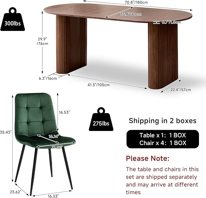 5-Piece Dining Table Set for 4 6 People with Heavy Duty Legs Dining Room Tables Set for 4 Table and Chairs for Living Room Kitchen Apartment(Walnut Table with 4 Green Chairs)