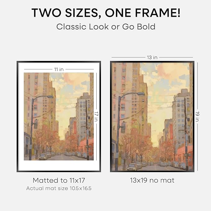 Homeforia 13x19 Picture Frame Black, High End Metal 13 x 19 Poster Frames with Mat 11 x 17 for Photo, 13x19 Black Frame Matted to 11x17 inch Print, 19x13 Thin Frame, Tempered Glass, Wall Kit, Set of 2