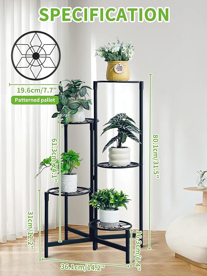 Plant Stand 5 Tier Indoor Metal Flower Shelf for Multiple Plants Corner Tall Flower Holders for Patio Garden Living Room Balcony Bedroom Black Diamond