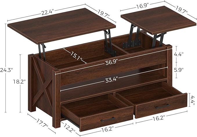 Seventable Coffee Table, 39.3" Lift Top Coffee Table with 2 Storage Drawers and Hidden Compartment, Farmhouse Center Table with Wooden Lift Tabletop, for Living Room,Espresso