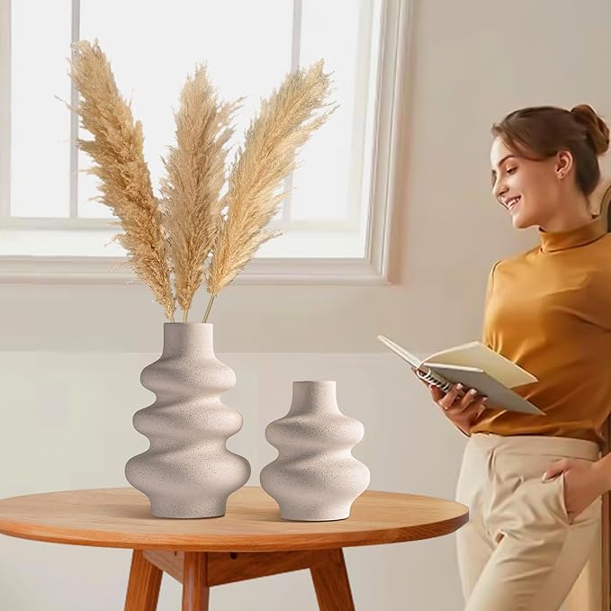 Ceramic Vases Set of 2-White Vase for Modern Home Decor, Flower Vases for Aesthetic Room Decor,Boho Decor Wedding Dinner Table Party Office Centerpiece Table Decorations (A White)