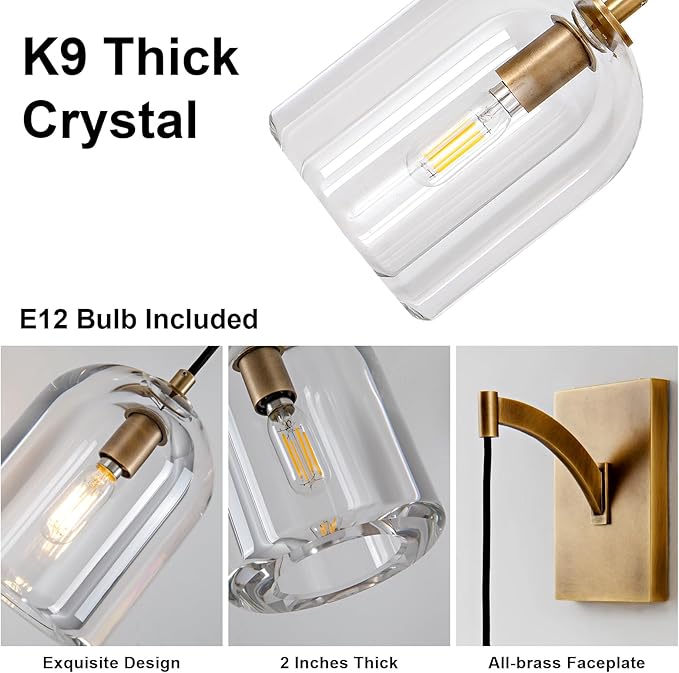 Modern Crystal Wall Sconce, Brass Hemisphere Wall Sconce, Gold Wall Lamps Indoor Lighting for Bedroom Bathroom Vanity Light Fixtures Includes Bulbs