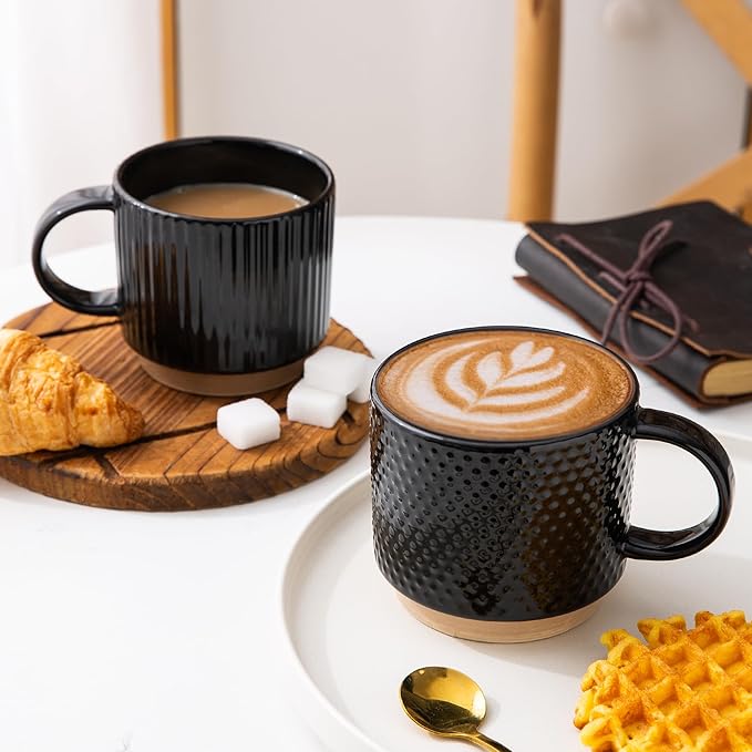 GBHOME 15OZ Stackable Coffee Mugs, Ceramic Coffee Mugs with Texture Patterns for Man,Woman,Dad,Mom, Modern Coffee Cups Set of 4 for Latte/Cappuccino/Cocoa. Dishwasher&Microwave Safe，Black