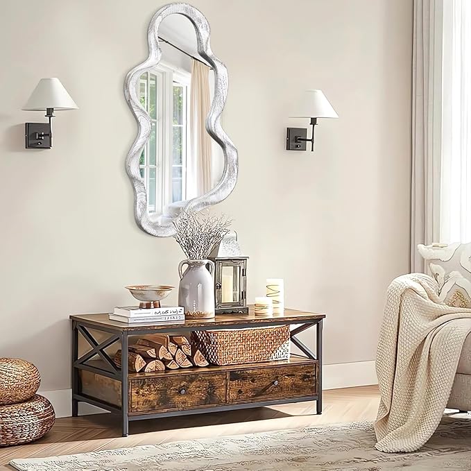 Asymmetrical Mirror Large Irregular Wall Mirror Modern Wood Frame Unique Artistic Mirrors Cute and Stylish Cloud Wavy Mirror Decorative for Cloakroom Bedroom Living Room Bathroom Entryway White