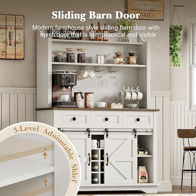 63 Inch Coffee Bar Cabinet with 3-Tier Storage, Kitchen Storage Cabinets with 3 Drawers, Farmhouse Coffee Bar with 9 Racks, 3 Glass Holders, Wine Bar for Living Dining Room, White