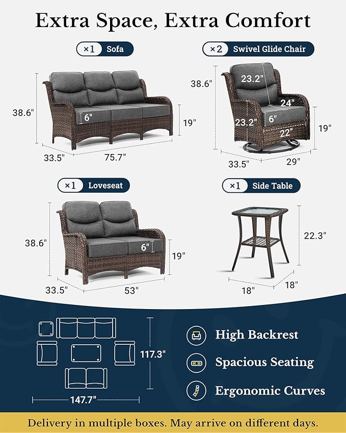 HILLGA Luxury Patio Furniture Set with 6-Inch Thick Cushions, High Back Outdoor Swivel Rocker Chairs Patio Couches, 6-Piece All Weather Conversation Set for Porch Deck Pool Yard, Dark Grey (V3)