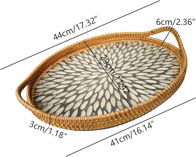 I-LAN 15 Inch Oval Rattan Woven Tray Basket with Beige MOP Wooden Base and Handles, Boho Wicker Coffee Table Serving Tray Décor with 2 Inch Wall, Handmade Display Basket for Countertop, L