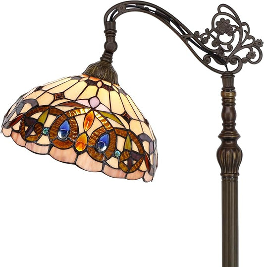 WERFACTORY Tiffany Floor Lamp Stained Glass Serenity Victorian Arched Lamp 12X18X64 Inches Gooseneck Adjustable Corner Standing Reading Light Decor Bedroom Living Room S021 Series