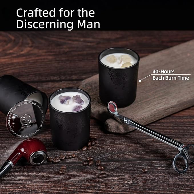 Luxury Black Scented Candles Gift Set for Men – 3x7oz Soy & Beeswax Crystal Candles with Wick Trimmer & Snuffer Lid, Aromatherapy Candles for Home Scented, Masculine Gift for Men & Women