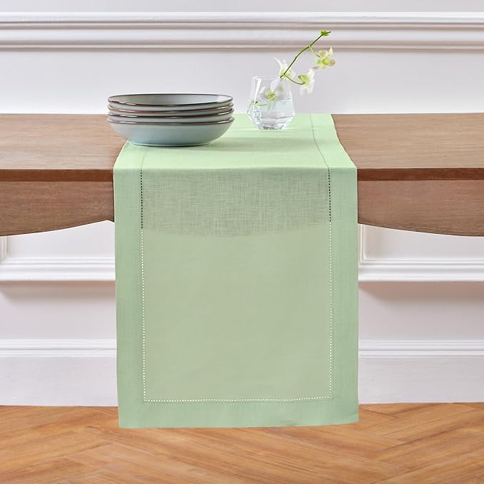 Solino Home Linen Light Green Table Runner 72 Inches Long - 100% Pure Linen Hemstitch Table Runner 14 x 72 Inch for Dresser, Dining - Classic Hemstitch