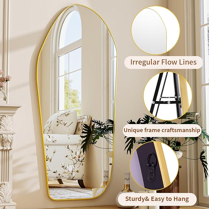 BEAUTYPEAK Full Length Dress Mirror - Floor Mirror 76"x34" Irregular Diamond Shape Aluminum Frame, Standing or Hanging Mirror for Bedroom Living Room Entryway, Gold