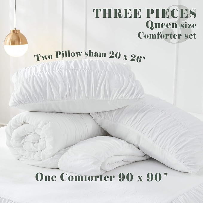 Queen Comforter Set White Bedding - Ruched Comforter Queen Size Bed Set Boho Shabby Chic Bedding for Bedroom Comforter Fluffy 3 Piece Ruffle Comforter Set with Pillow White Soft