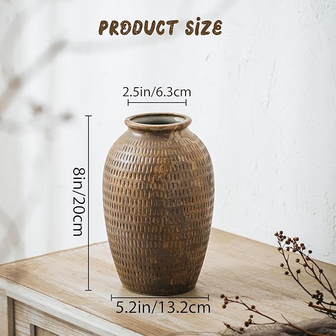 Ceramic Rustic Vase, 8 Inch Farmhouse Terracotta Vase for Home Decor, Vintage Decorative Pottery Flower Vases for Living Room Entryway Table Centerpieces Shelf Decorations