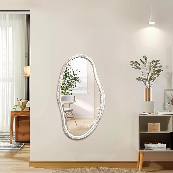 JJUUYOU Irregular Wall Mirror Asymmetrical Wooden Frame Modern Hanging Mirror 30"x18" Large Wall Mounted Makeup Dressing Mirrors for Bathroom Bedroom Living Room Hallway White