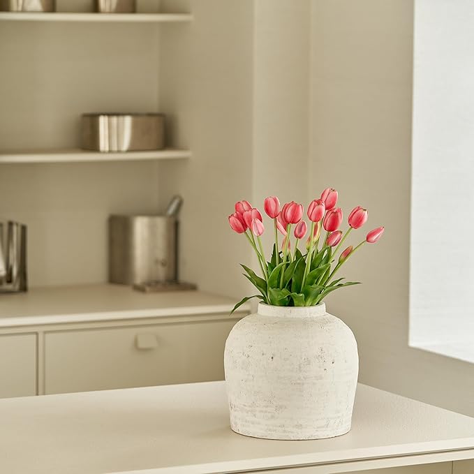 LB2 Large White Ceramic Vase, 11" Tall Zen Style vase, Terra Cotta Pitcher Vase, Distressed Farmhouse Decor, Pottery Decorative Flower for Home Decor (H 11" X 11")