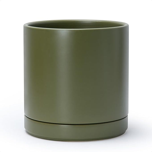 D'vine Dev 10 Inch Ceramic Planter Pot with Drainage Hole and Saucer, Indoor Cylinder Round Planter Pot, Olive, 94-O-E-J