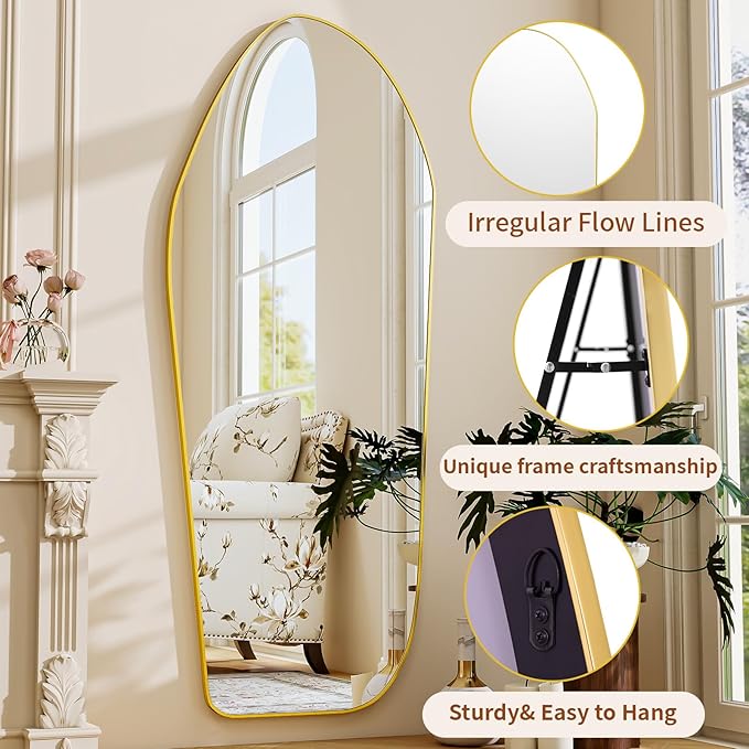 BEAUTYPEAK Irregular Full Length Mirror - 67x24 Inch Gold Framed Modern Mirrors, Unique Shape Vanity Wall Mirror for Living Room Bedroom Entryway Hallway