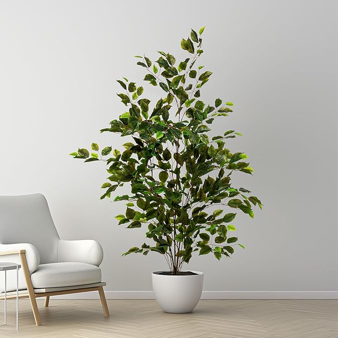 Artificial Ficus Tree Indoor 4ft, Large Potted Faux Tree with Realistic Silk Leaves & Trunk for Home Office, Living Room Corner Decor