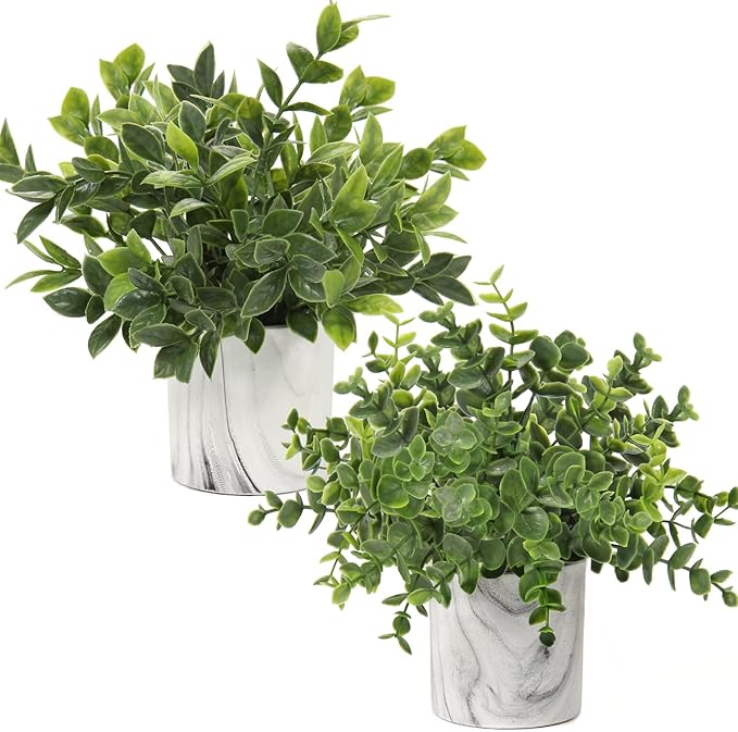 Hollyone Faux Plants Indoor Artificial Mini Potted Plants Plastic Green Plant Small Fake Plants Eucalyptus Decor in Pots for Home Table Room Bathroom Decor