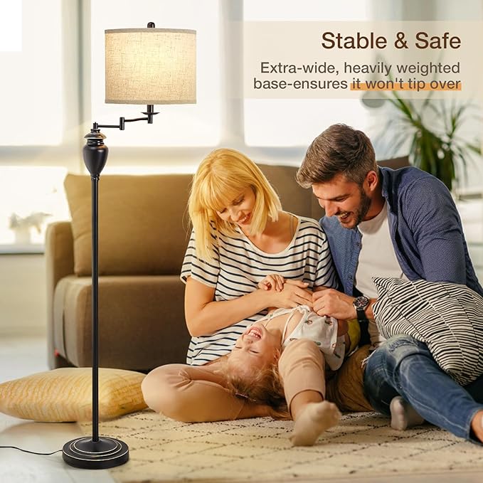 Floor Lamp for Living Room, 3 Color Temperature 350° Adjustable Swing Arm Floor Lamp Vintage Standing Lamp Traditional Farmhouse Tall Floor Lamps for Bedroom Office Home Nursery Study Room Hotel