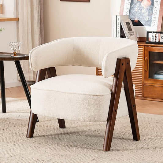 Kidol & Shellder Mid Century Accent Chair Set of 3 Comfy Fabric Modern Living Room Bedroom Chairs Upholstered Lounge Reading Armchair with Thicken Seat Cushion Wood Frame （White）