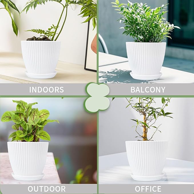 Plant Pots Indoor with Saucers & Drainage - 6 Pack Flower Pots - Plastic Planters for Indoor Planter - 7.5/6.6/5.8/5.0/4.3/3.5 inches Sizes for All Different Types of Plants - White
