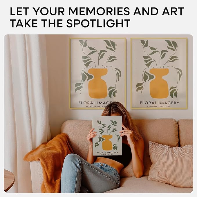 Homeforia 16 x 20 Picture Frame Gold, High End Metal 16x20 Poster Frames with Mat 11x14 Photo, 16 x 20 Gold Frame Matted to 11 by 14 Print, 20x16 Thin Hanging Frame, Tempered Glass, Wall Kit, Set of 2