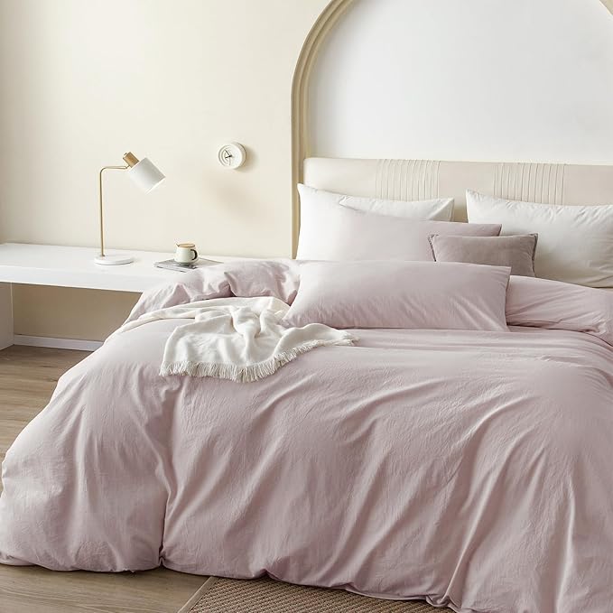 JIYUAN 100% Washed Cotton Duvet Cover Set 3 PCS Super King Plus, 1 Duvet Cover 120"x120" (Comforter Not Included) and 2 Pillowcases,Linen Feel Bedding Set Comfy and Breathable, Heathered Greyish Pink