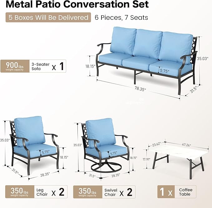 6 Piece Metal Outdoor Patio Furniture Set, Patio Conversation Sets 1 3-Seater Sofa, 2 Swivel Chair, 2 Leg Chair with 5.75" Thick Cushion and Coffee Table, Backyard Furniture Set, Blue