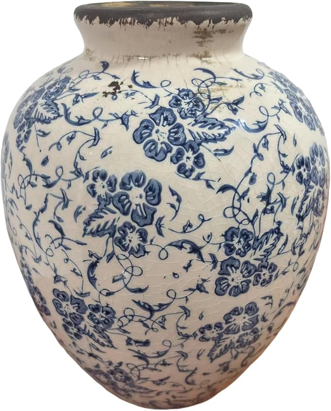 Vintage Blue and White Floral Ceramic Vase – Round Pottery Terracotta Jar for Home Decor, Rustic Farmhouse Boho Table Centerpiece, Fresh or Dried Flower Holder, 7.9 Inch Decorative Accent