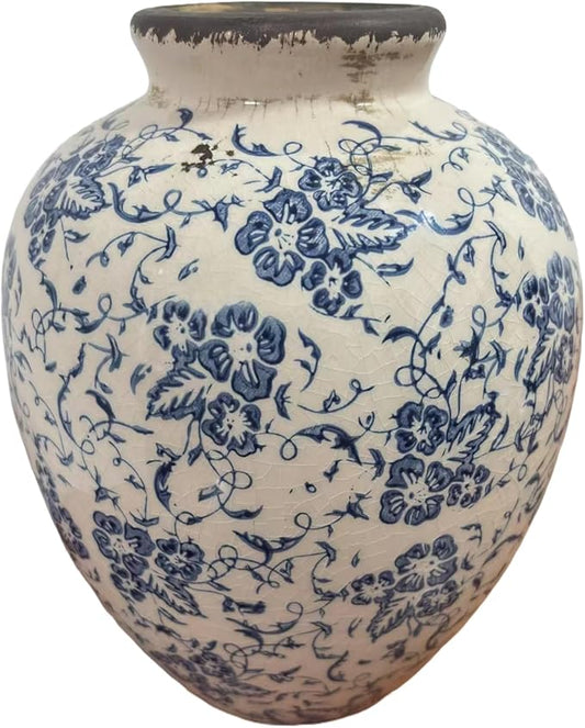 Vintage Blue and White Floral Ceramic Vase – Round Pottery Terracotta Jar for Home Decor, Rustic Farmhouse Boho Table Centerpiece, Fresh or Dried Flower Holder, 7.9 Inch Decorative Accent