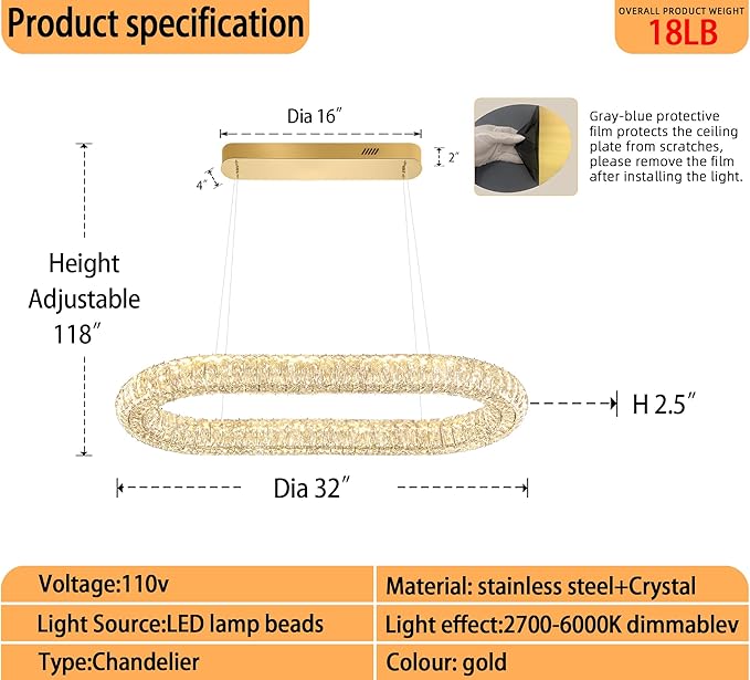 Oval Crystal Chandelier, 31.5'' Gold Crystal Ring Pendant Light for Kitchen Island Modern Linear Oval Chandeliers for Dining Room Dimmable 3000K-6000K