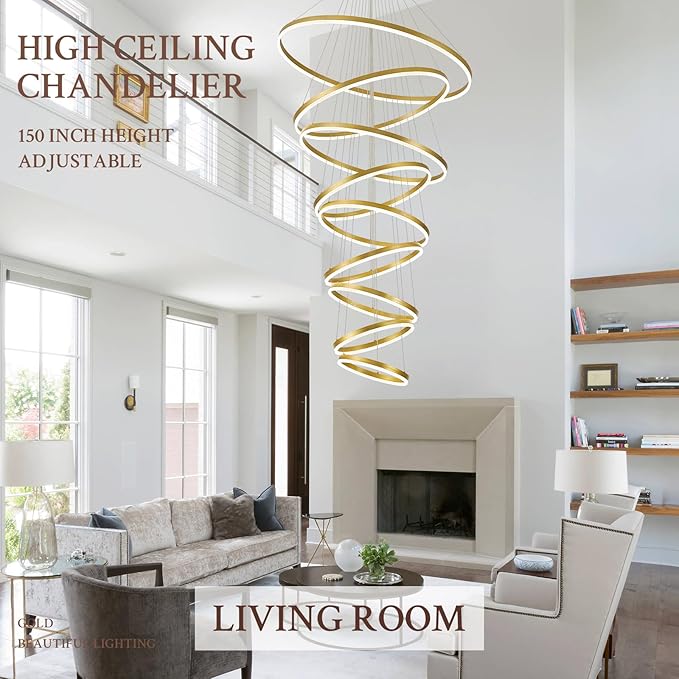 9-Rings D39.4’’ Modern LED Chandelier Gold Dimmable Foyer Chandeliers Entryway High Ceiling Chandelier with Remote Control for Staircase Entryway Living Room Foyer, 3000K-6500K