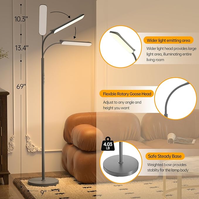 LED Floor Lamp, 18W Super Bright Floor Lamp for Living Room, Adjustable Stepless Colors & Brightness Gooseneck Standing Lamp, Eye Caring Reading Light with Remote& Touch Control for Bedroom Office